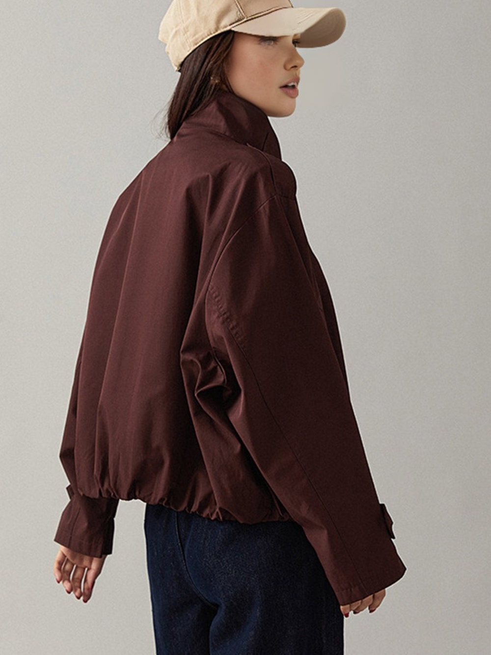 Commense Burgundy Short Trench Jacket with Buckle Collar - Picture 4 of 5